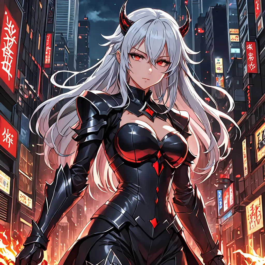 a woman in a black outfit with horns and horns on her head standing in a city at night with buildings and signs, sots art, a character portrait, Eizan Kikukawa, official art