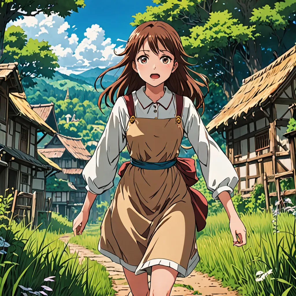a woman in a brown dress walking down a path in a village with a forest in the background and a house in the background, visual art, poster art, Aya Goda, official art