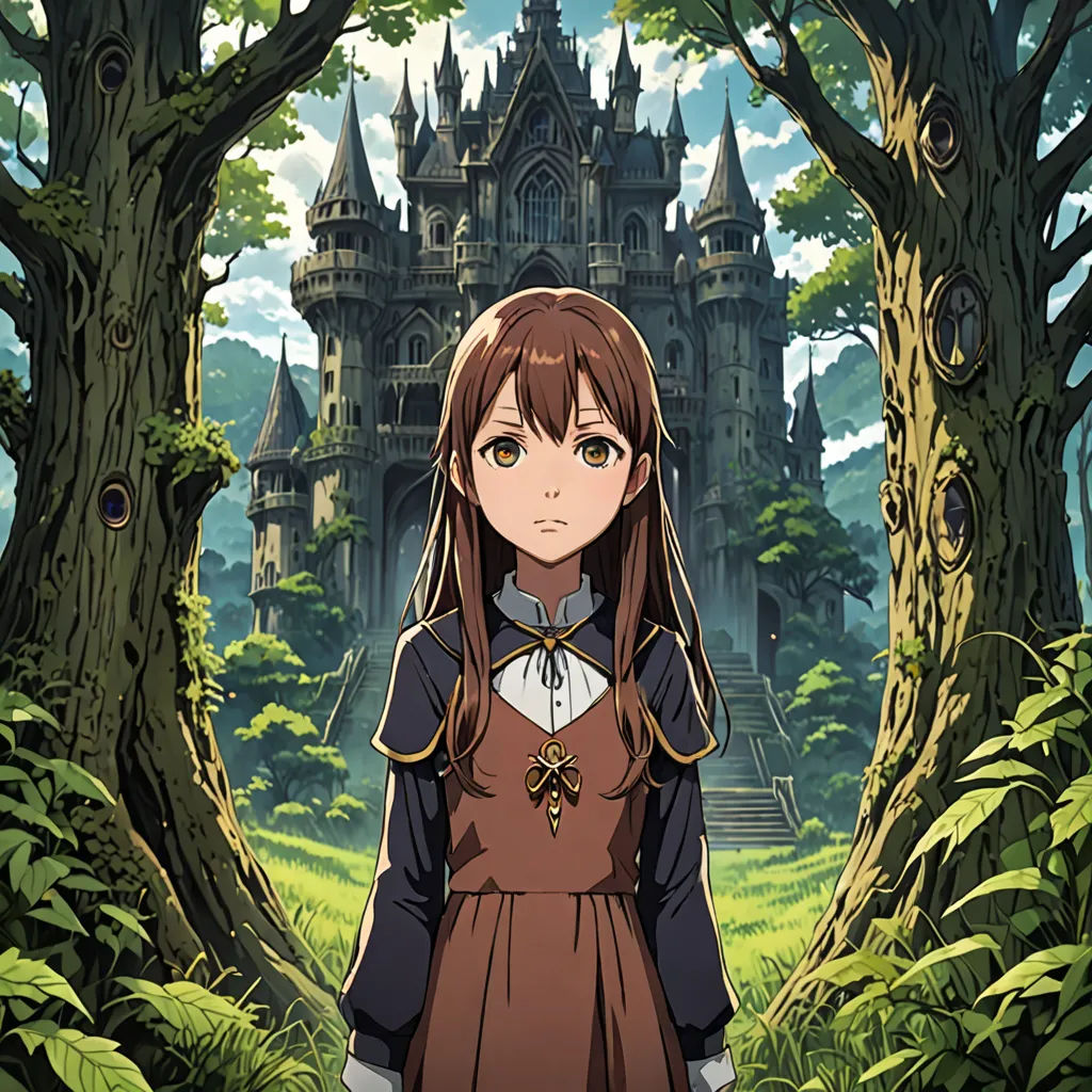 a girl in a brown dress standing in front of a castle in the woods with trees and grass around her, rayonism, poster art, Chizuko Yoshida, anime key visual