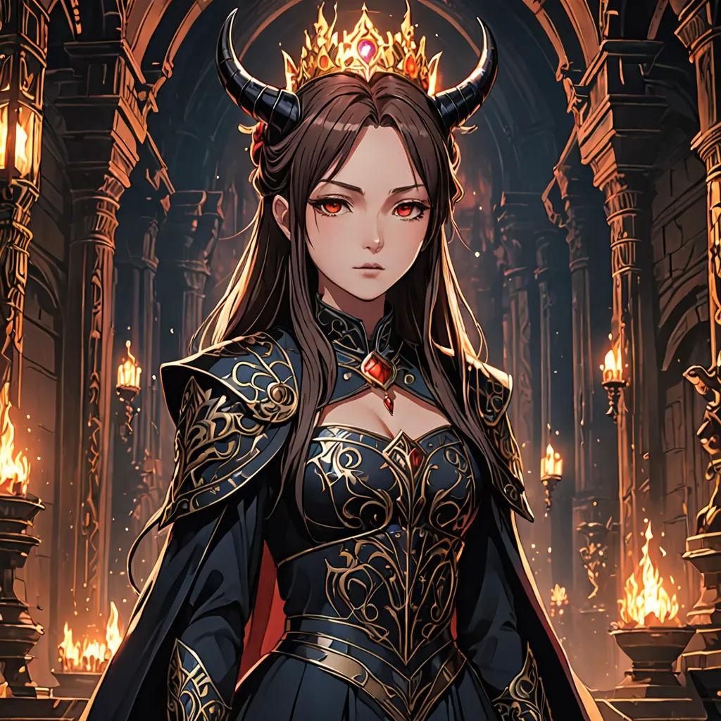 a woman in a black dress with horns and a crown on her head, standing in a dark room, gothic art, a character portrait, Fan Qi, fantasy character portrait