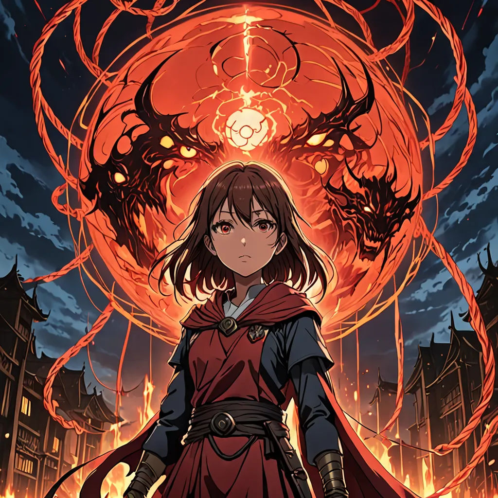 a woman in a red dress standing in front of a red demon with a sword in her hand and a red demon behind her, dau-al-set, poster art, Aya Goda, official art