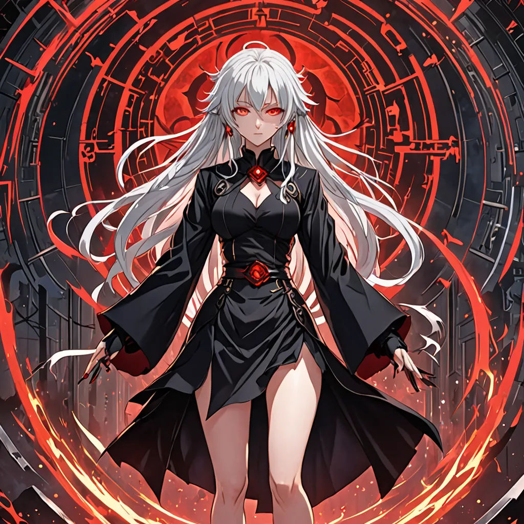 a woman in a black dress with white hair and a red ring around her neck and a black cape, purism, a character portrait, Ay-O, official art