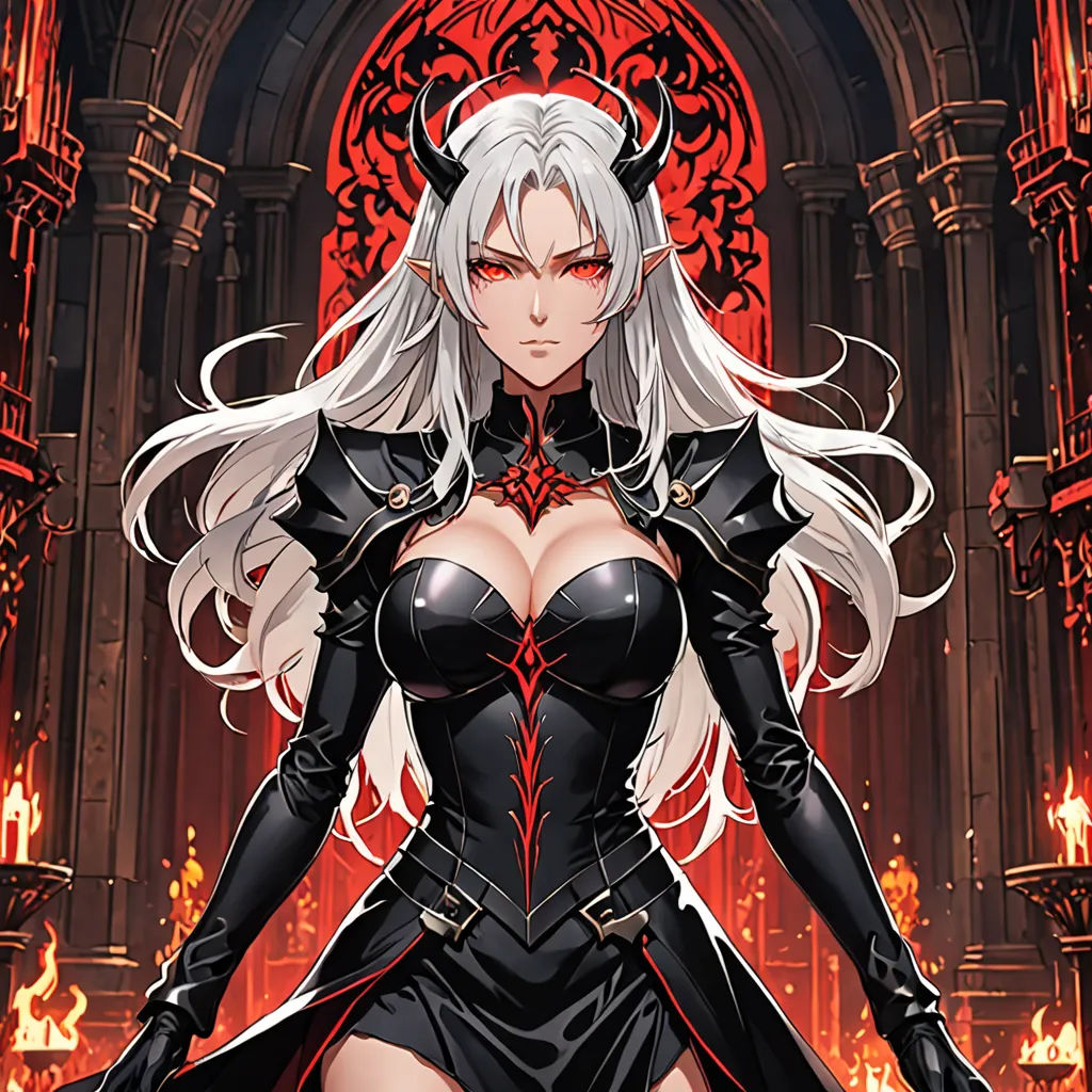a woman in a black outfit with horns and horns on her head, standing in front of a red background, gothic art, concept art, Ayami Kojima, official art