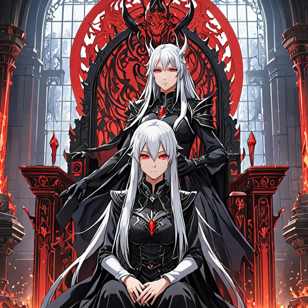 a couple of anime characters sitting on a throne with a red background and a red and white background behind them, gothic art, poster art, Ayami Kojima, official art