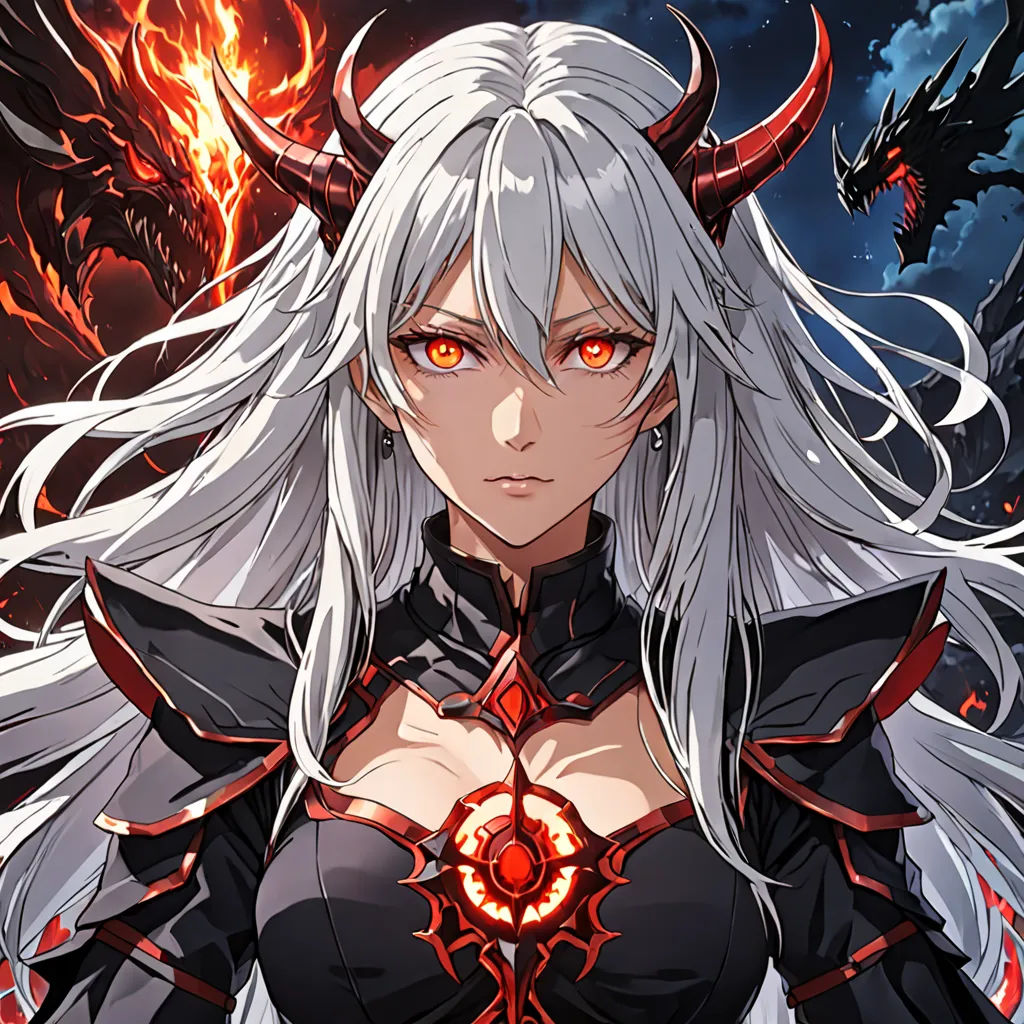 a woman with white hair and horns standing in front of a demon demon demon demon demon demon, demon demon, demon girl, anime, anime girl anime girl anime girl, anime, anime, anime, anime, anime,, fantasy art, a character portrait, Ayami Kojima, official art