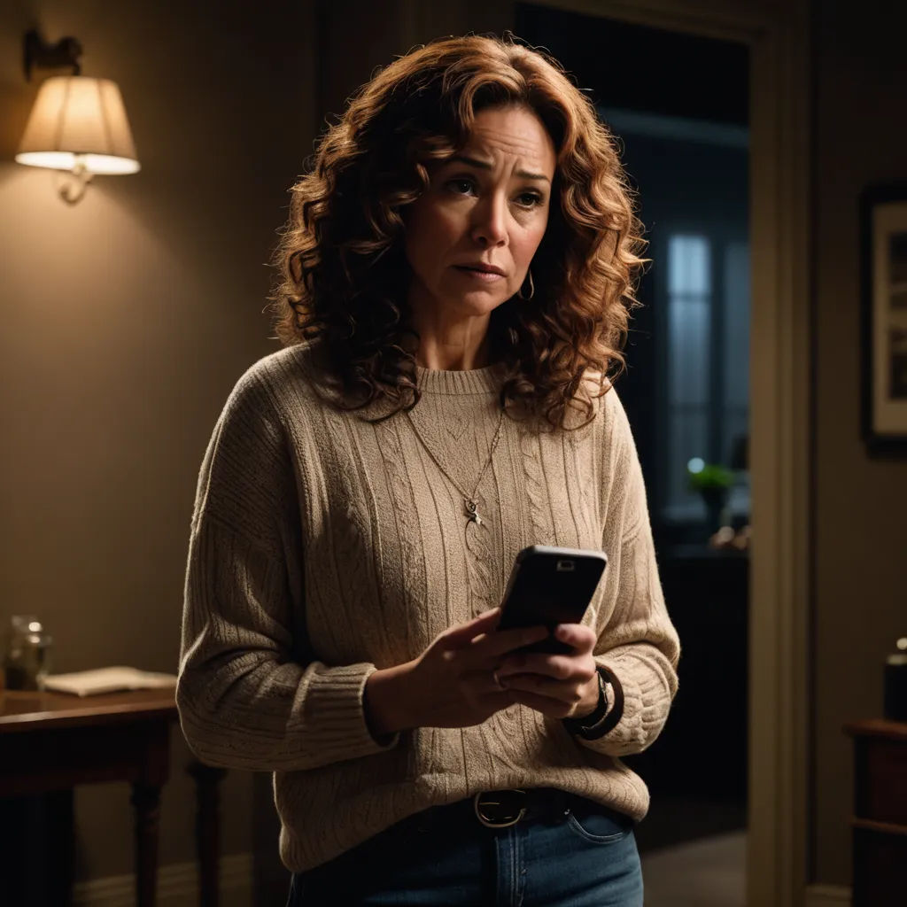a woman in a sweater looking at a cell phone in a dark room with a lamp on the wall, serial art, a character portrait, Ancell Stronach, promotional image