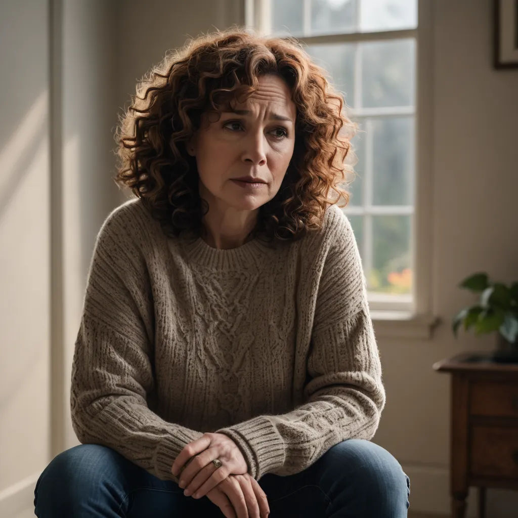 a woman sitting on a chair looking at the camera with a serious look on her face and hands, in front of a window, serial art, a character portrait, Elisabeth Collins, promotional image