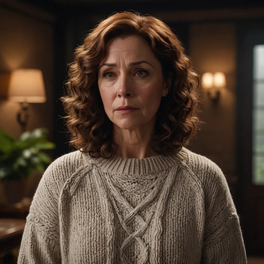 a woman with curly hair wearing a sweater in a room with a plant in the corner of the room, symbolism, a character portrait, Elizabeth Forbes, promotional image