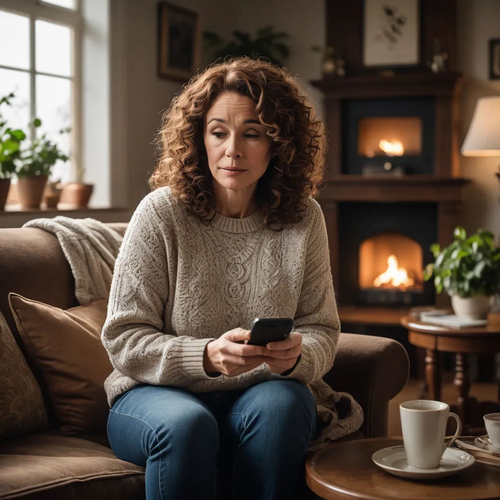 a woman sitting on a couch looking at her cell phone while holding a cup of coffee and a mug, art informel, a stock photo, Dennis Ashbaugh, promotional image