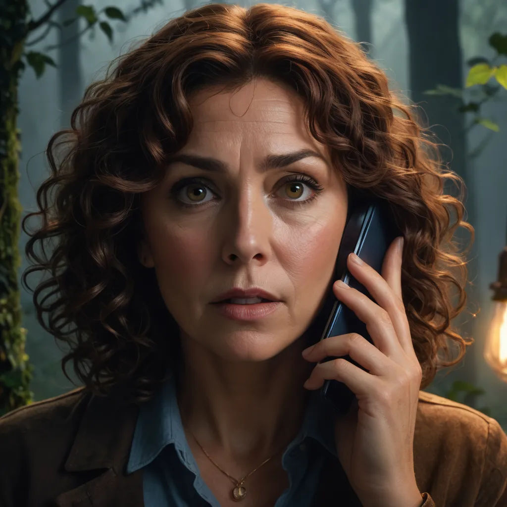 a woman talking on a cell phone in a forest with a light bulb hanging from the ceiling and a light bulb hanging from the ceiling, serial art, a character portrait, Eva Gonzalès, promotional image