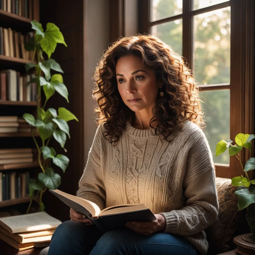 a woman sitting on a couch reading a book in front of a window with a plant in the corner, serial art, a character portrait, Araceli Gilbert, promotional image