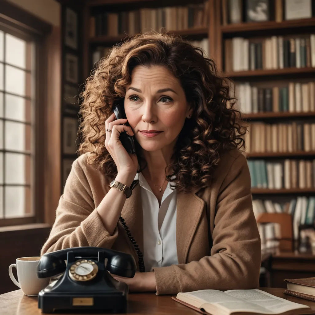 a woman sitting at a table talking on a phone and holding a cup of coffee in front of her, private press, a character portrait, Dorothy Coke, promotional image