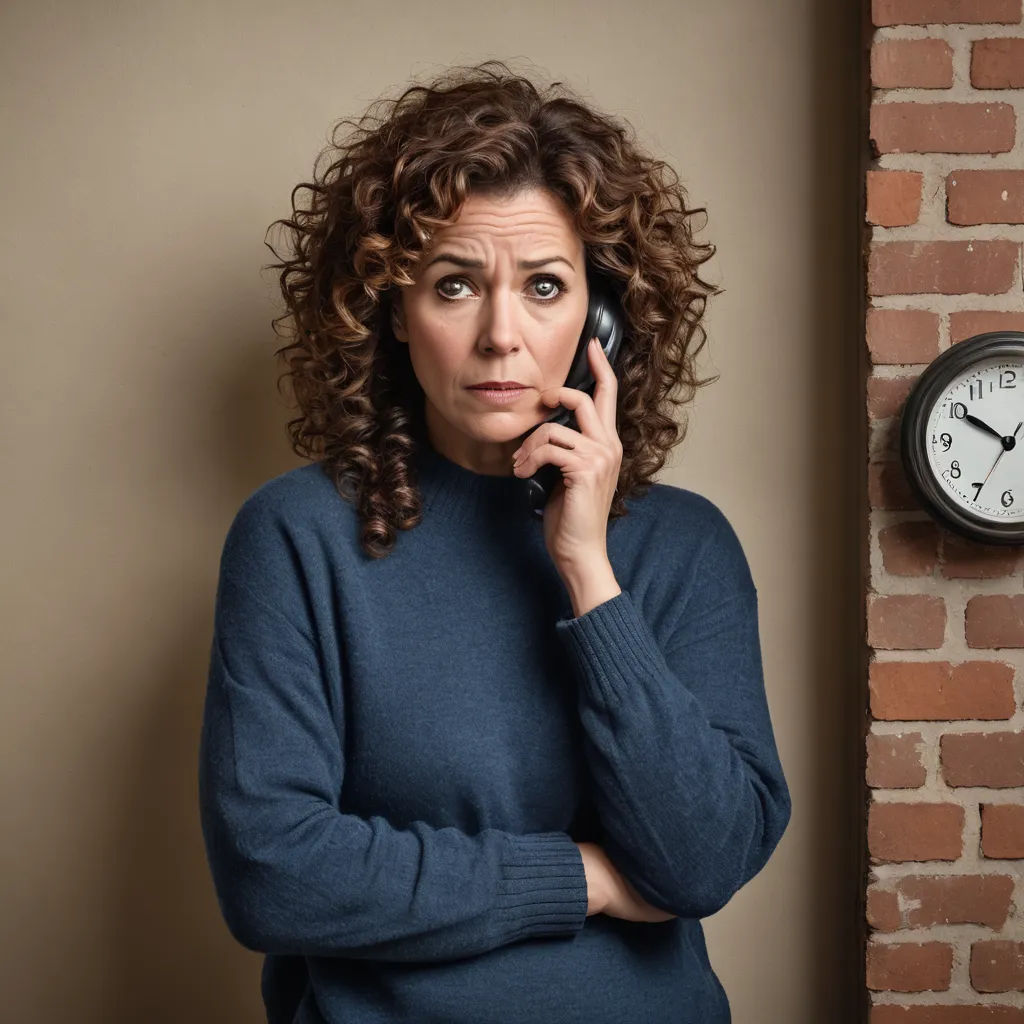 a woman is talking on a cell phone near a brick wall and a clock on the wall behind her, serial art, a stock photo, Eugeen Van Mieghem, promotional image