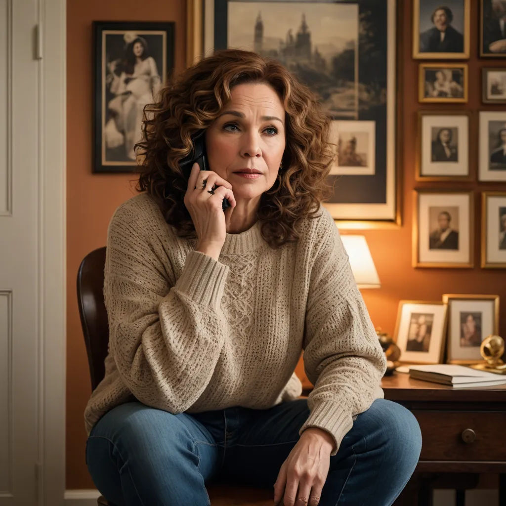 a woman sitting on a chair talking on a cell phone in a room with pictures on the wall and a desk with a lamp, serial art, a character portrait, Elizabeth Forbes, promotional image