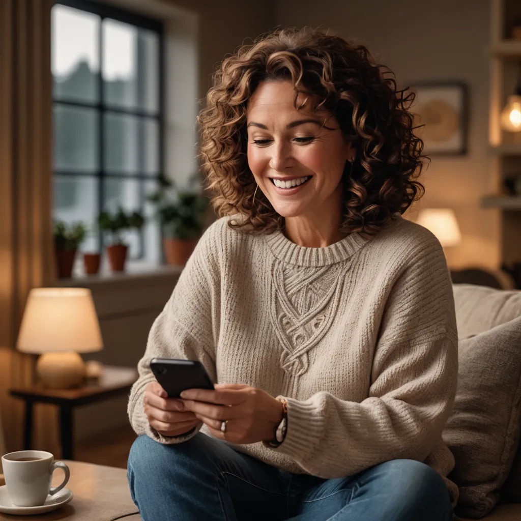 a woman sitting on a couch looking at her cell phone and smiling at the camera while holding a cup of coffee, art & language, a stock photo, Evelyn Abelson, product photo