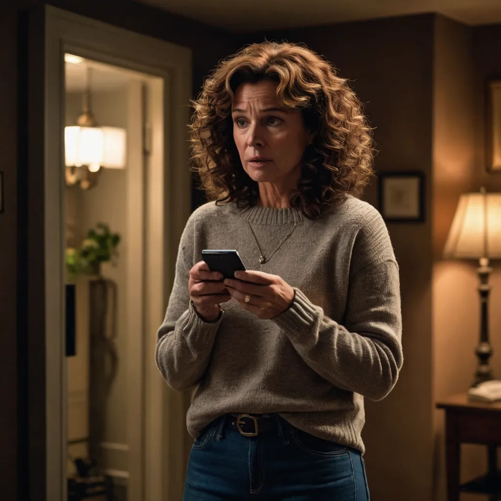 a woman standing in a room looking at her cell phone and holding a cell phone in her hand and looking at the screen, serial art, a character portrait, Elizabeth Forbes, promotional image