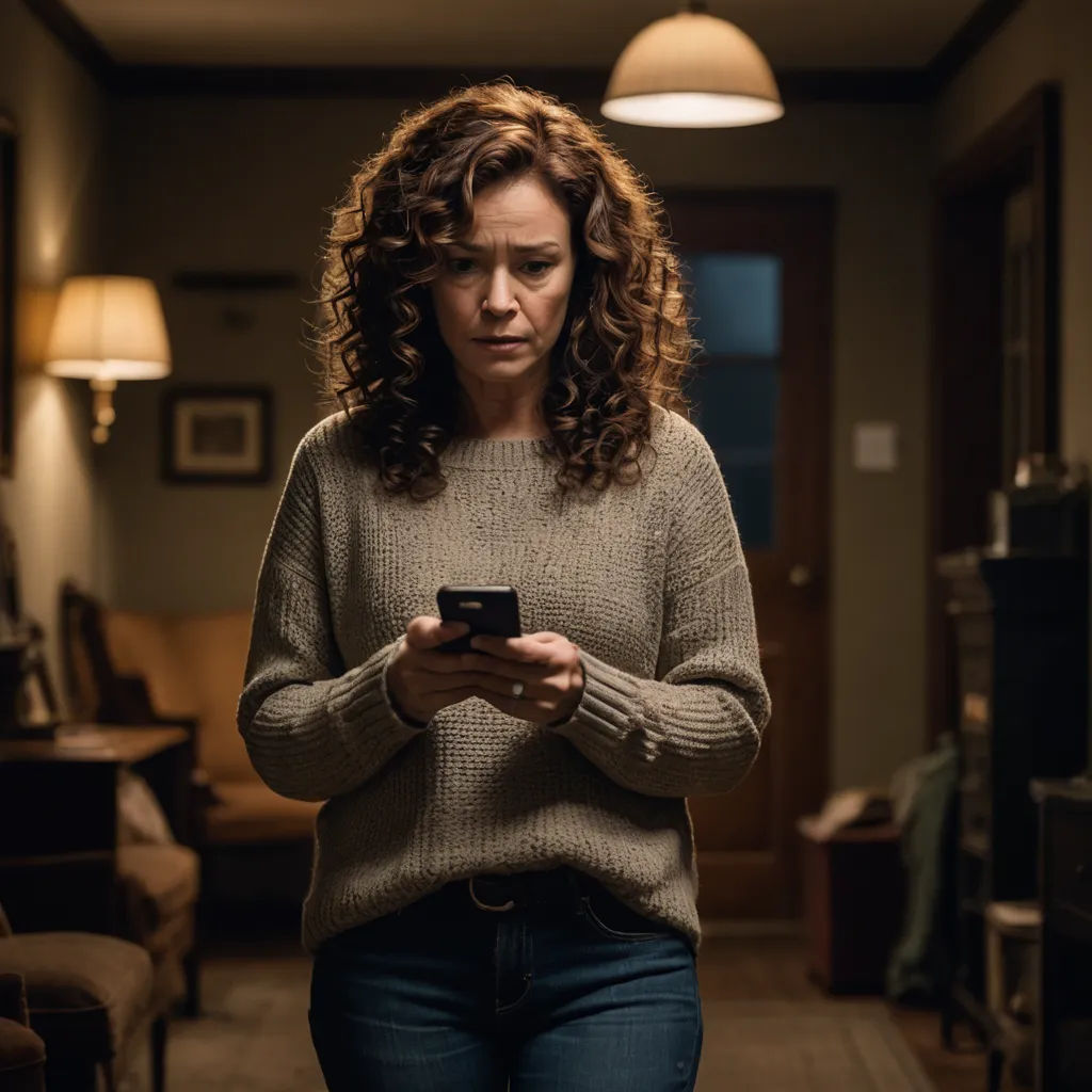 a woman standing in a living room looking at her cell phone while holding a remote control in her hand, serial art, a character portrait, Ada Gladys Killins, promotional image