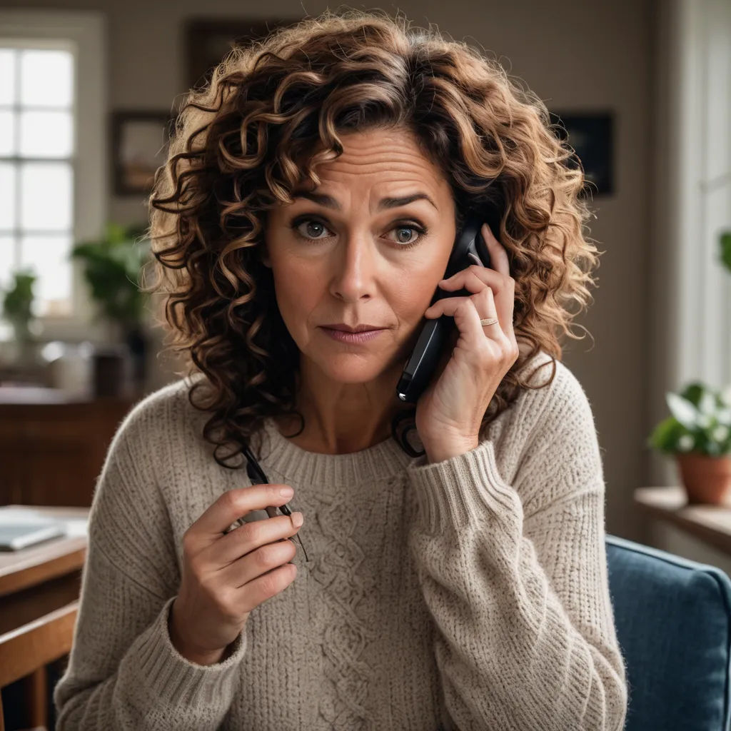 a woman sitting at a table talking on a cell phone with a surprised look on her face and holding a pen in her hand, serial art, a character portrait, Ancell Stronach, promotional image