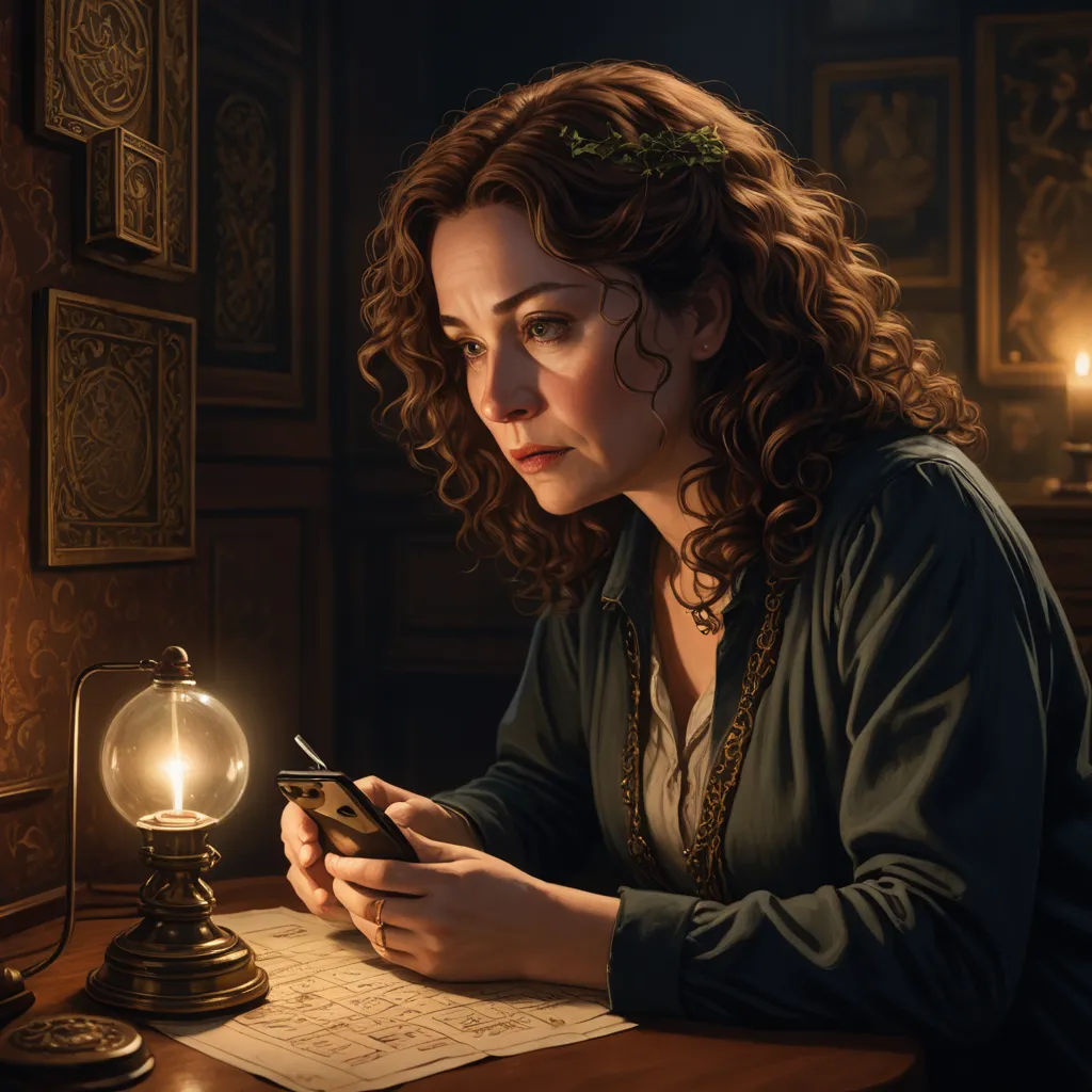 a woman sitting at a table looking at a cell phone in a dark room with a lamp on it, fantasy art, a detailed painting, Donato Giancola, highly detailed digital painting