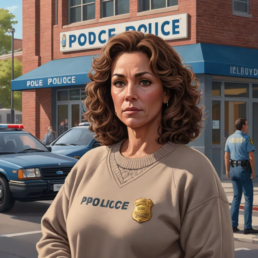a woman in a police uniform standing in front of a police station with a police car parked in front of her, american scene painting, a character portrait, Anthony Palumbo, rpg portrait