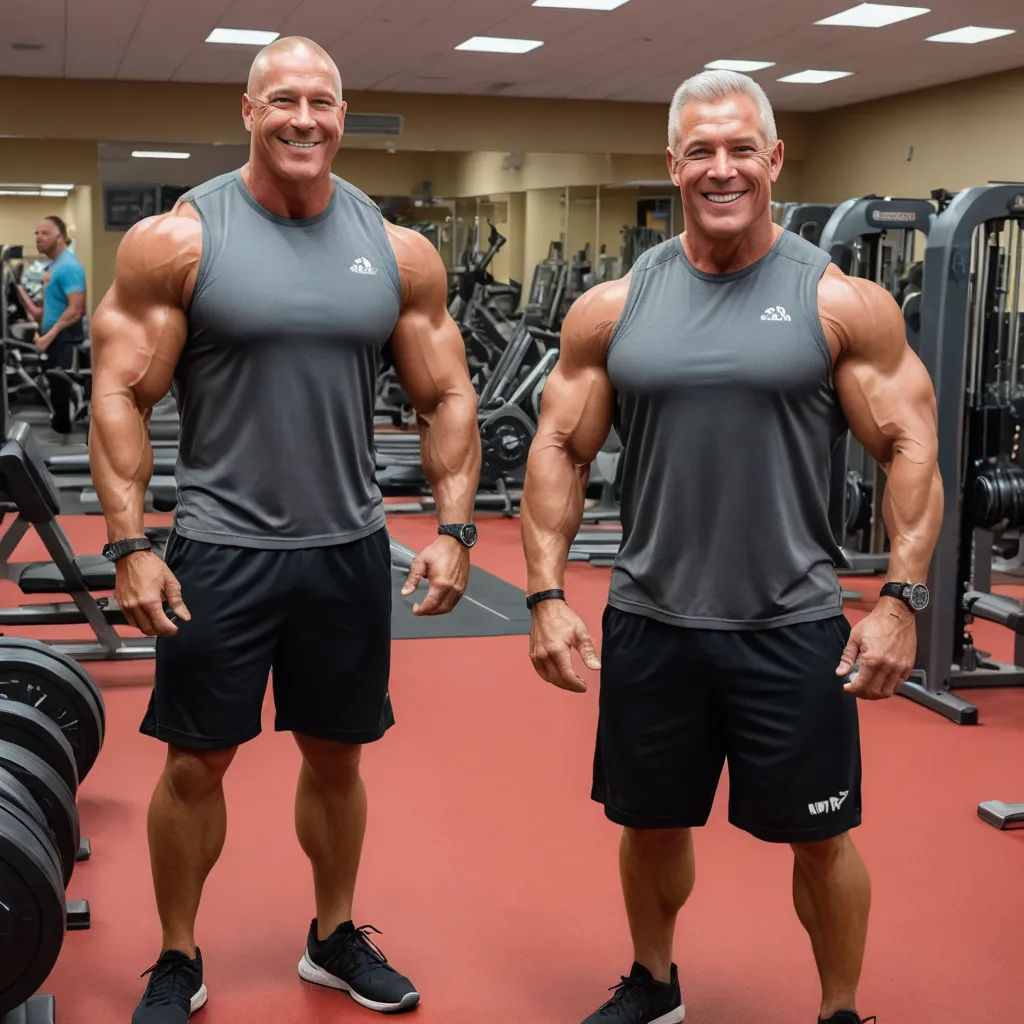 two men standing in a gym with a red floor and a gym floor with a red floor and a gym area with rows of exercise equipment, incoherents, a stock photo, Dennis Ashbaugh, mitchell mohrhauser