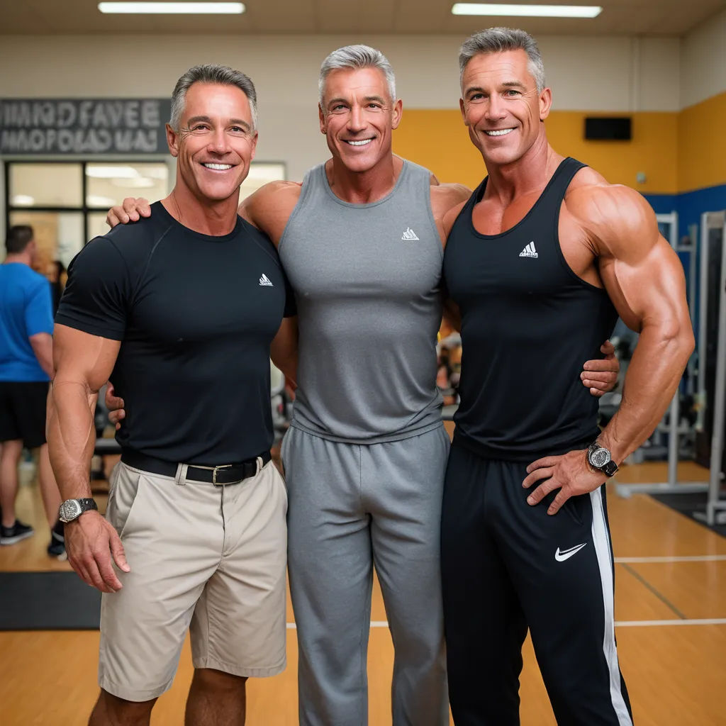 two men and a man in a gym posing for a picture together with a man in a gray shirt, private press, a stock photo, Dennis Ashbaugh, mitchell mohrhauser