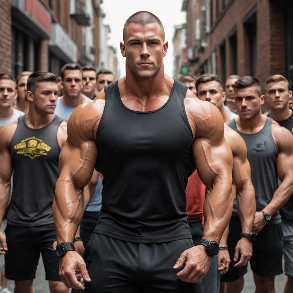 a group of men standing in a street with one man showing off his muscles and the other man showing off his muscles, antipodeans, a stock photo, Chase Stone, kai carpenter