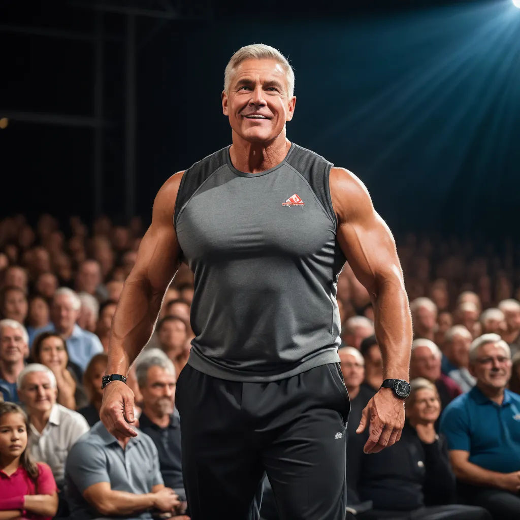 a man standing in front of a crowd of people in a gym with his hands on his hips and his right arm behind him, precisionism, a stock photo, Dennis Ashbaugh, david lazar
