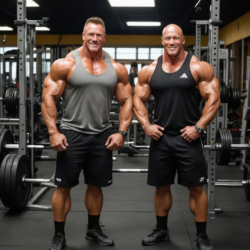 two men standing in front of a gym machine posing for a picture together with their arms crossed and smiling, private press, a stock photo, Anthony Palumbo, studio photo