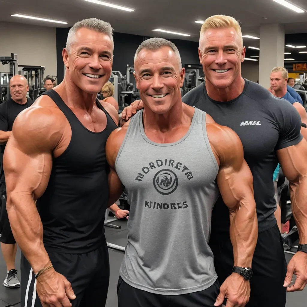 two men posing for a picture in a gym with a man in the background smiling and posing for a picture, precisionism, a stock photo, Dennis Ashbaugh, mitchell mohrhauser
