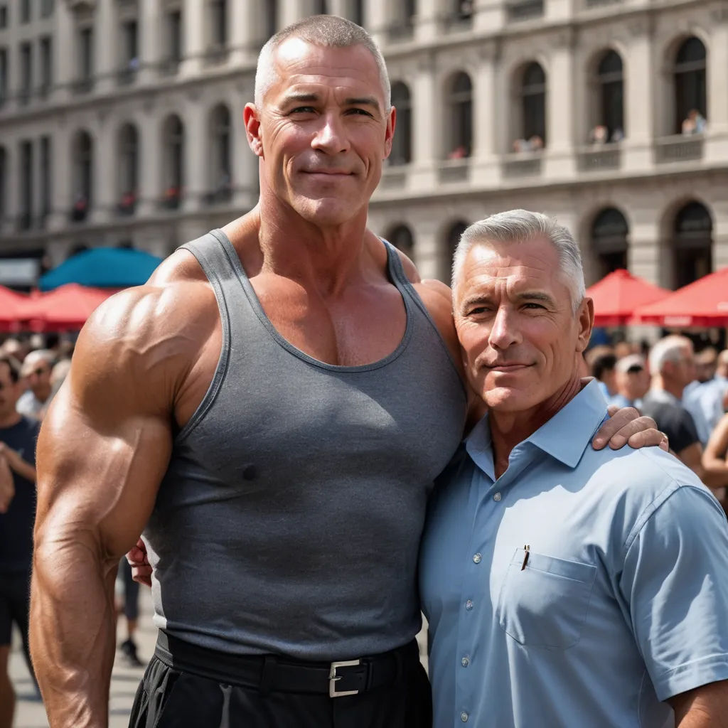a man posing for a picture with a man in a tank top and shorts on a street corner with a crowd of people, precisionism, a stock photo, Dennis Ashbaugh, mitchell mohrhauser