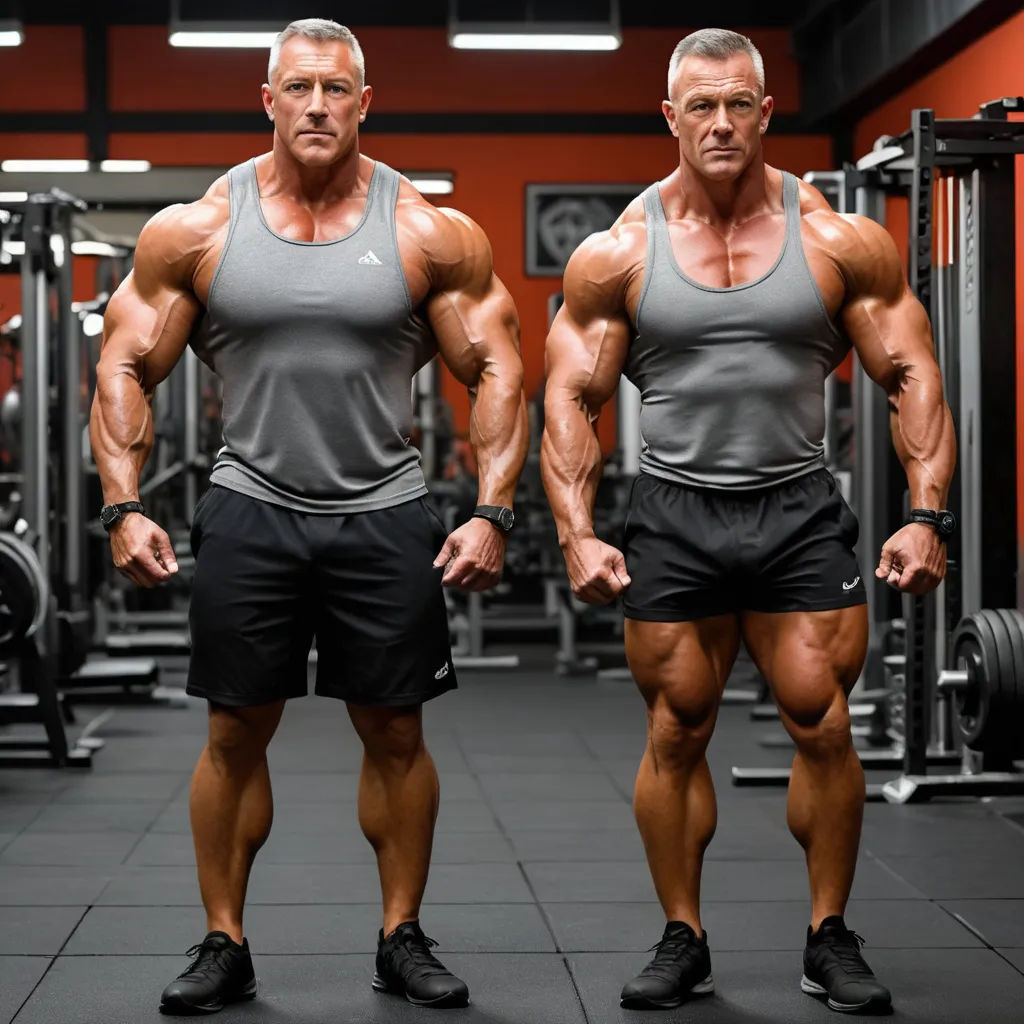 two men in a gym with muscles showing and one is standing in front of a barbell machine and the other is standing behind a barbell, superflat, a stock photo, Anthony Palumbo, real life skin