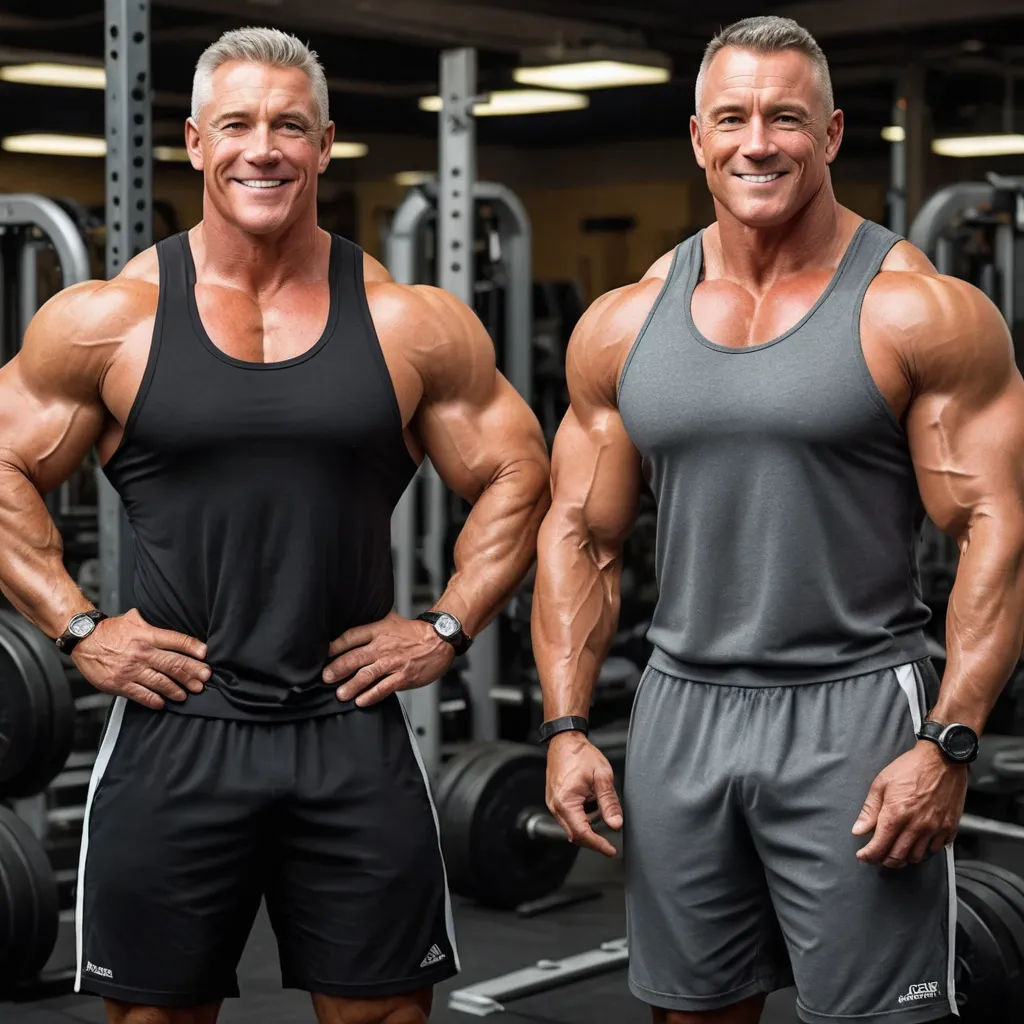 two men in black and grey shirts standing in front of a gym machine with their arms crossed and smiling, precisionism, a stock photo, Dennis Ashbaugh, muscular