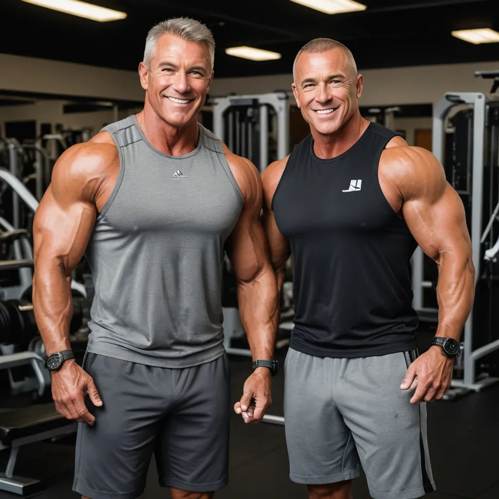 two men posing for a picture in a gym with a machine behind them and a gym floor with a lot of equipment, incoherents, a stock photo, Dennis Ashbaugh, mitchell mohrhauser
