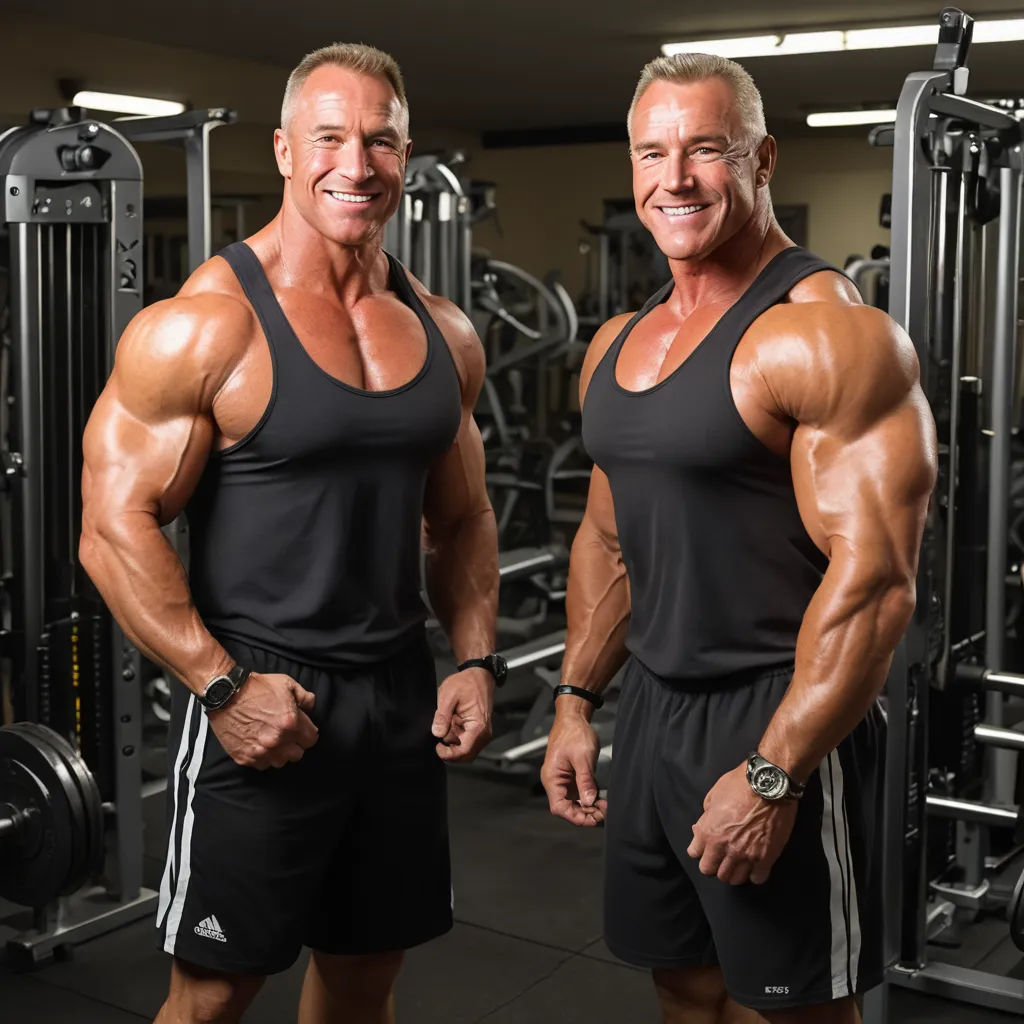two men standing next to each other in a gym area with a rack of exercise equipment behind them and smiling, incoherents, a digital rendering, Dennis Ashbaugh, studio lighting