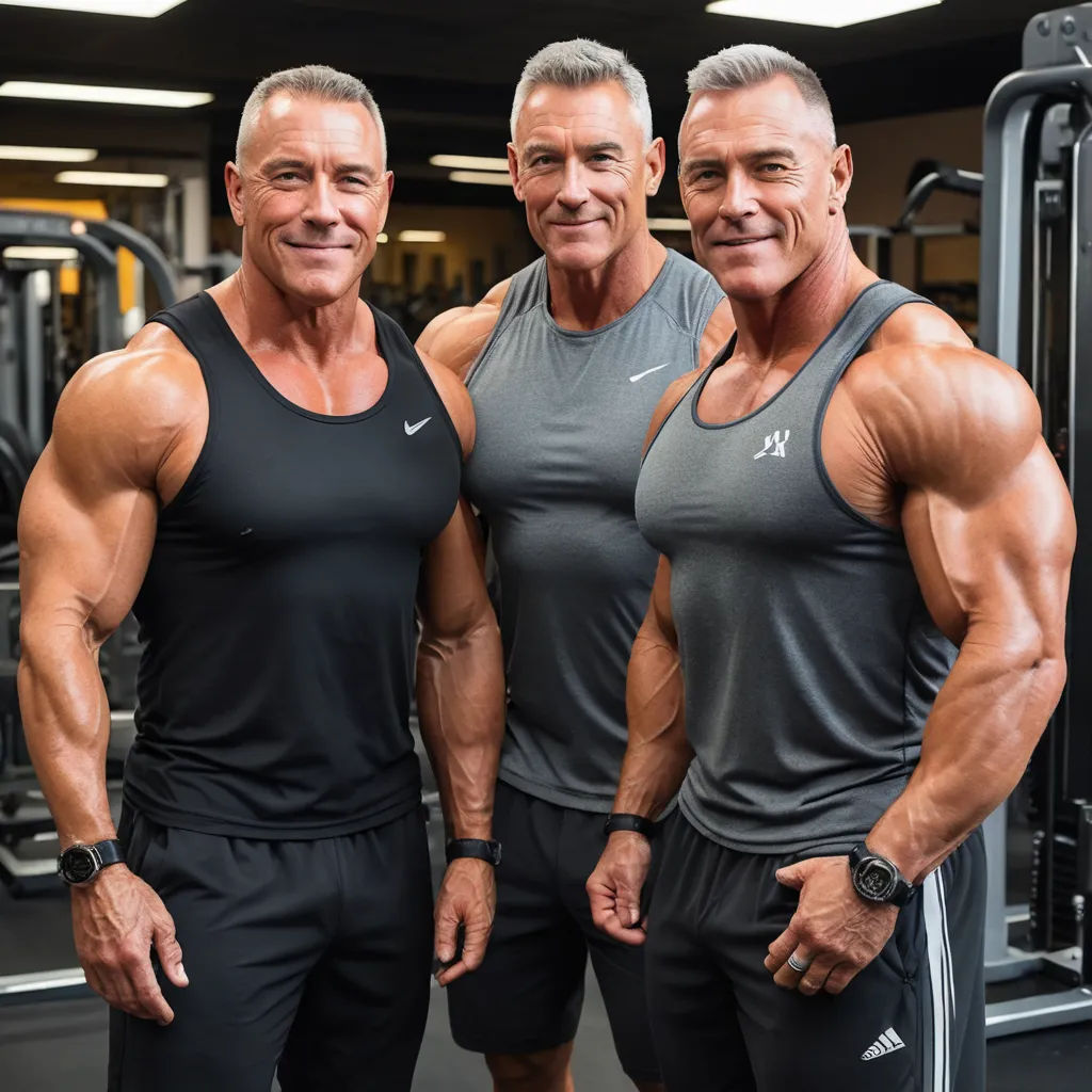 two men posing for a picture in front of a gym machine with a man in the background posing for a picture, private press, a stock photo, Dennis Ashbaugh, mitchell mohrhauser