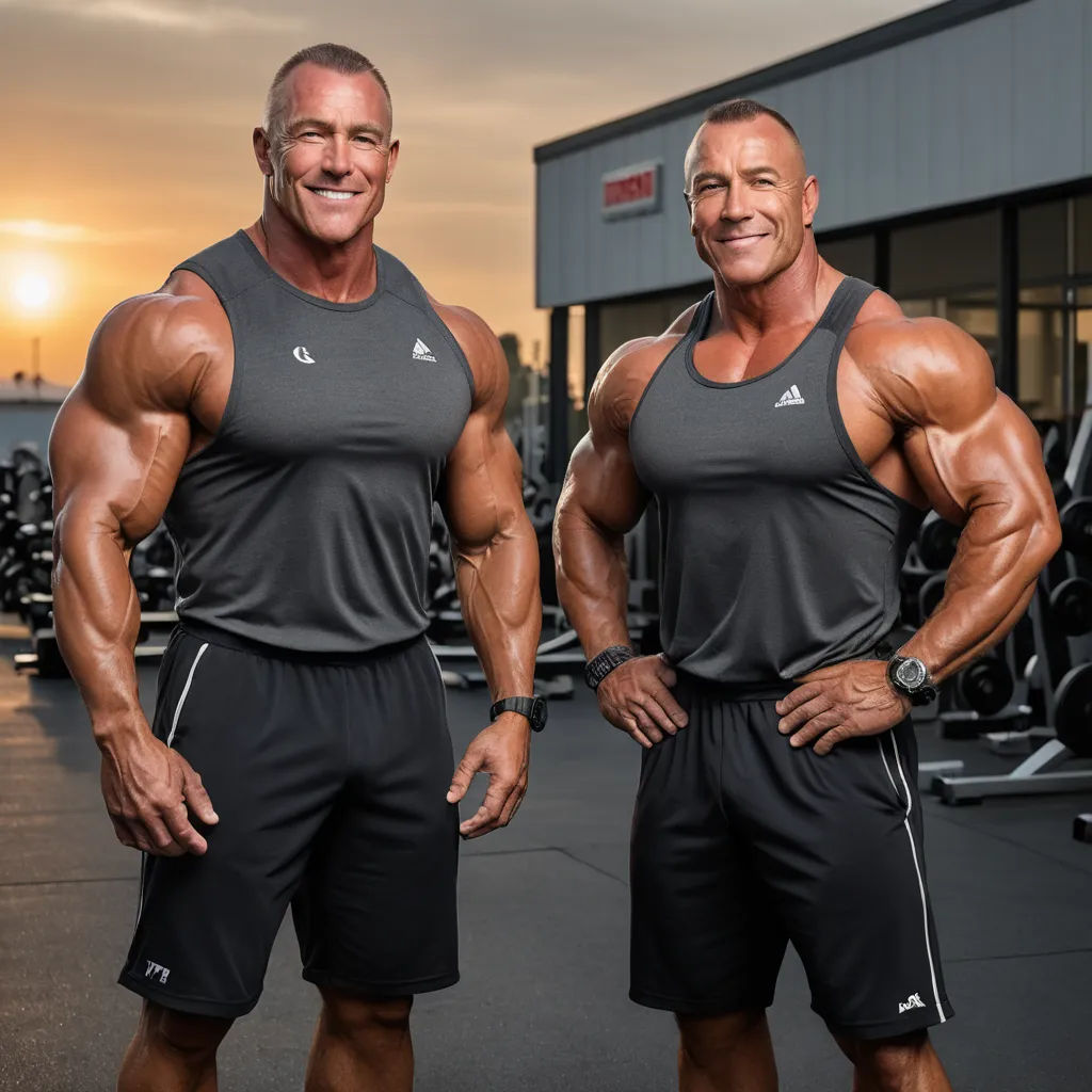 two men posing for a picture in front of a gym machine with a sunset in the background and a building behind them, precisionism, a stock photo, Daren Bader, professional photo