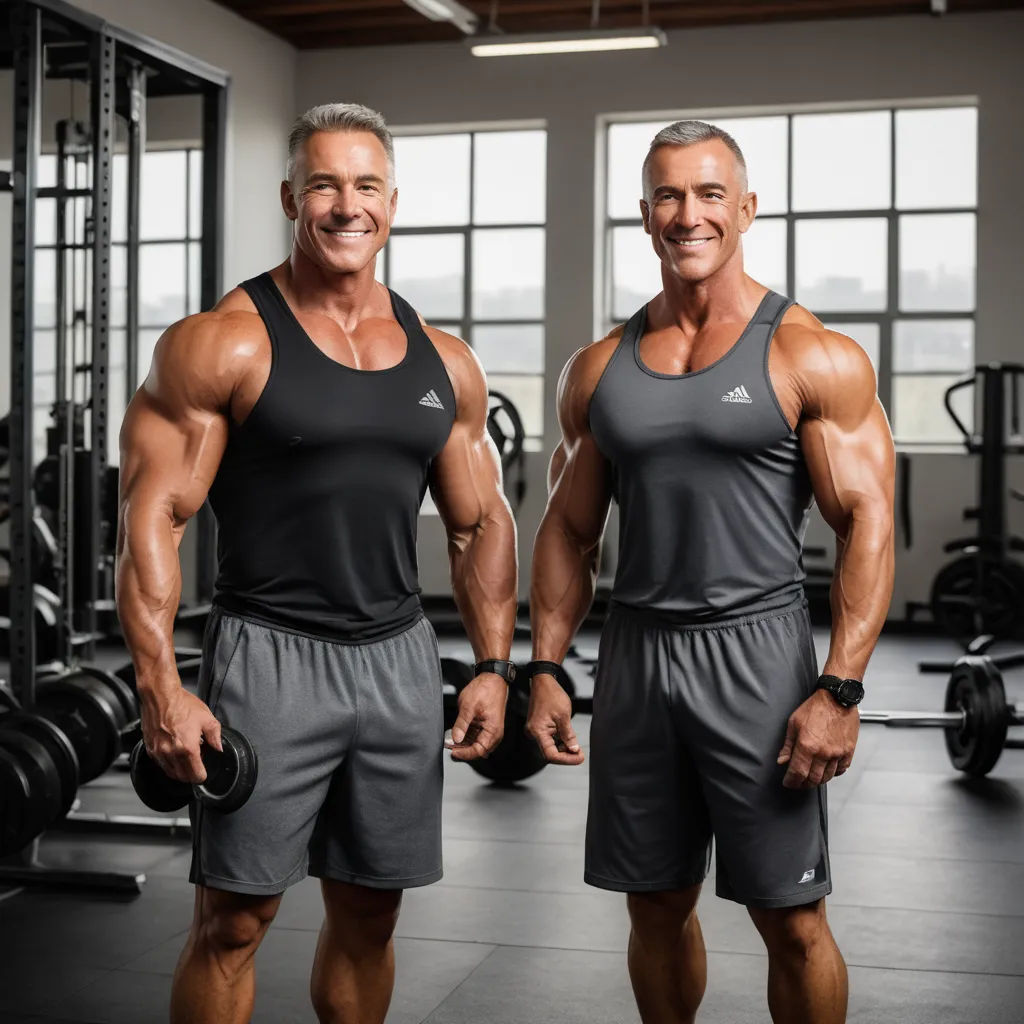 two men in a gym with dumbbells and a window behind them smiling at the camera, with a view of the gym, incoherents, a stock photo, Dennis Ashbaugh, professional photo