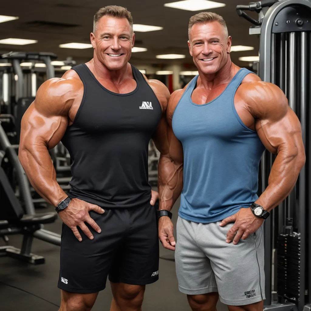 two men posing for a picture in a gym with a barbell rack in the background and a gym equipment, private press, a stock photo, Dennis Ashbaugh, mitchell mohrhauser