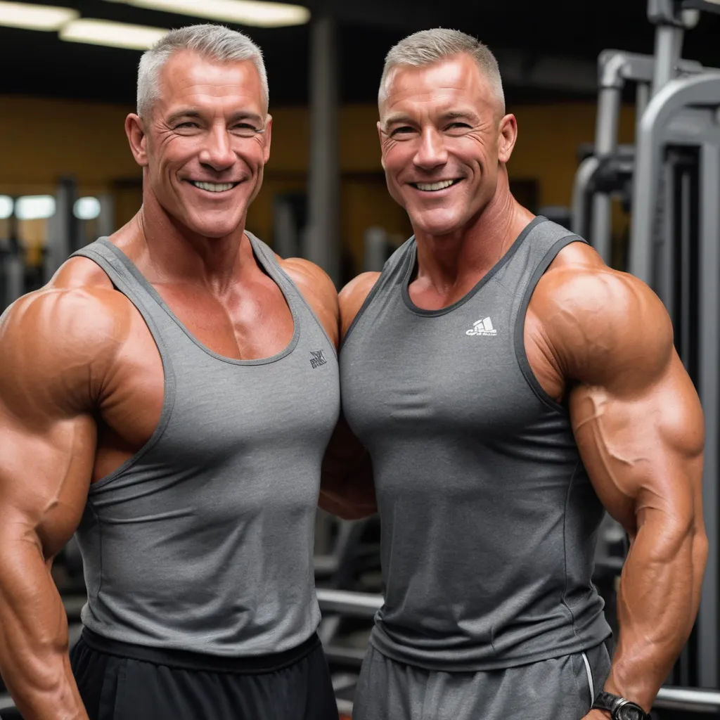 two men posing for a picture in a gym with their arms crossed and smiling at the camera, with a gym equipment in the background, antipodeans, a stock photo, Dennis Ashbaugh, masculine
