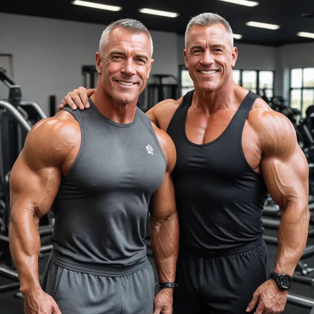 two men posing for a picture in a gym with their arms around each other and smiling at the camera, incoherents, a stock photo, Dennis Ashbaugh, masculine
