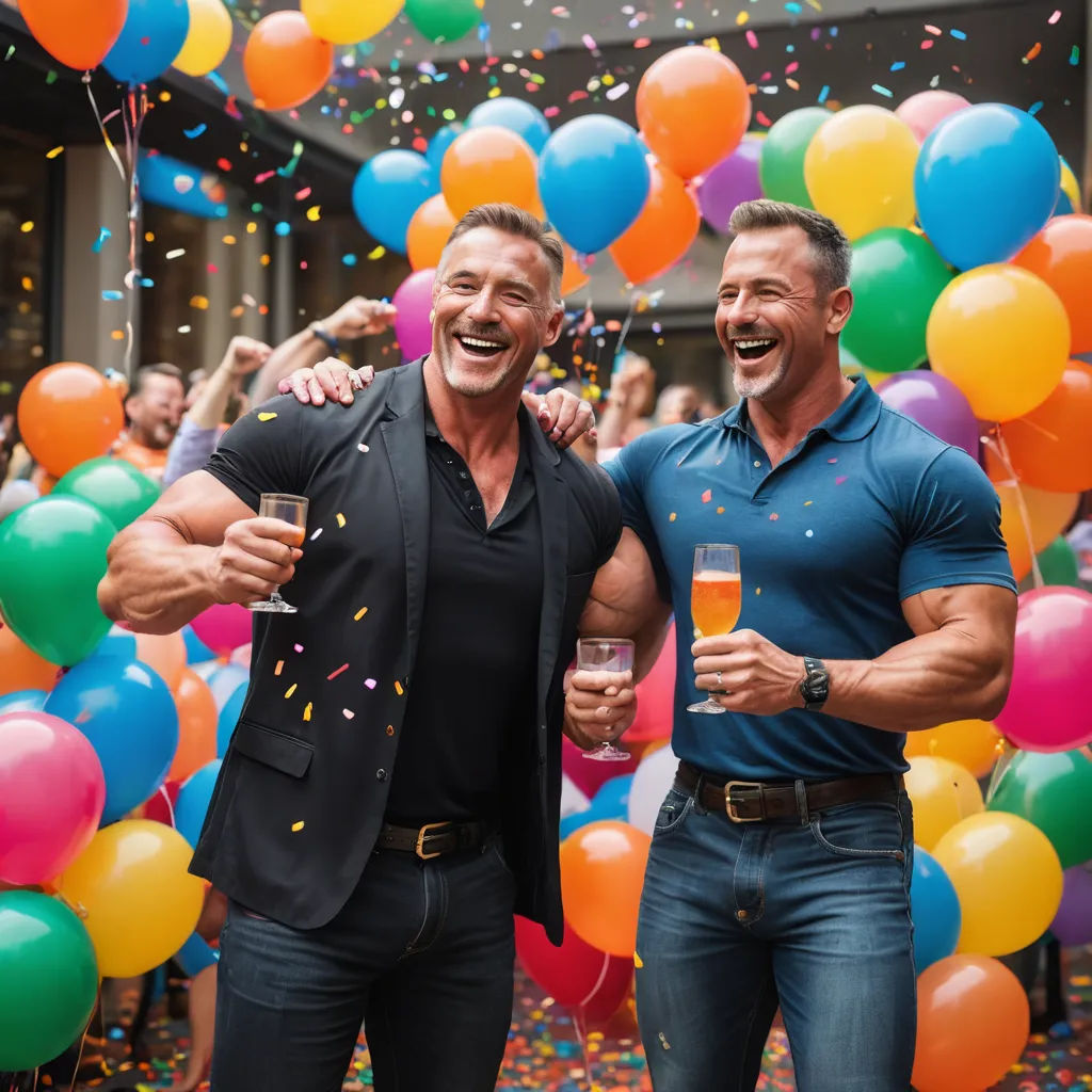 two men standing in front of a bunch of balloons and confetti with glasses of champagne in their hands, private press, a stock photo, Brian Alfred, tom of finland
