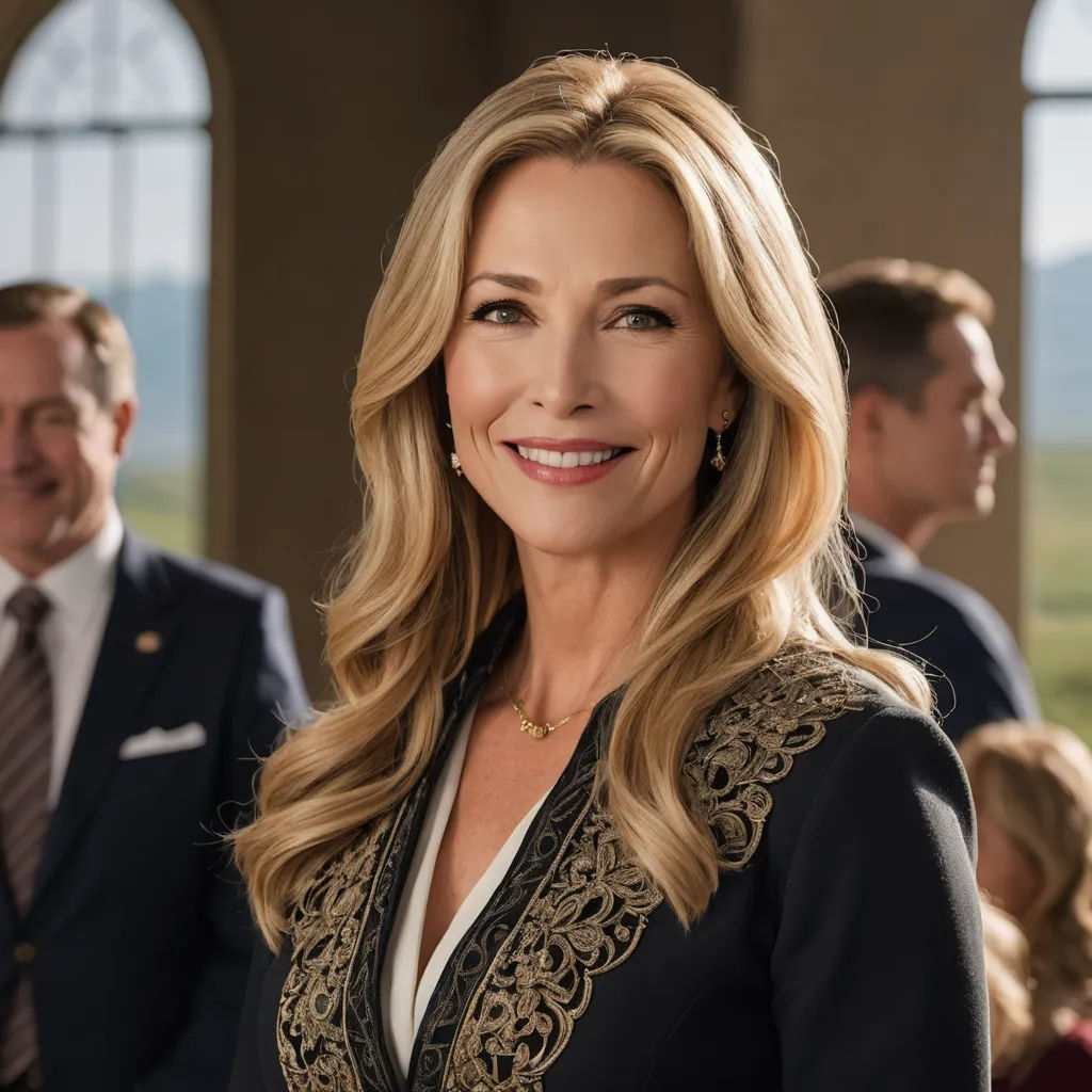 a woman in a black suit and a man in a suit and tie in the background smiling at the camera, regionalism, a poster, Ancell Stronach, promotional image