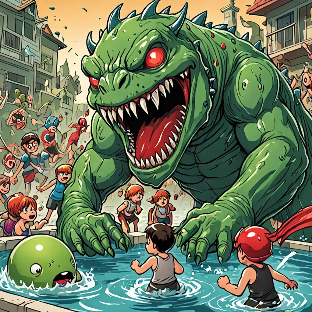 a cartoon of a monster with a group of people around it and a pool of water with a ball in it, lyco art, a storybook illustration, Asaf Hanuka, josan gonzales and dan mumford