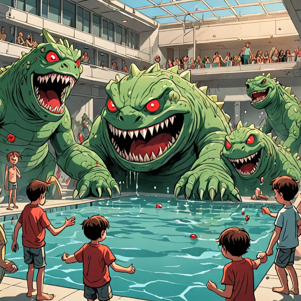 a group of children standing around a pool with a monster in the middle of it and a giant monster in the middle of the pool, paris school, a comic book panel, Adam Rex, laurie greasley