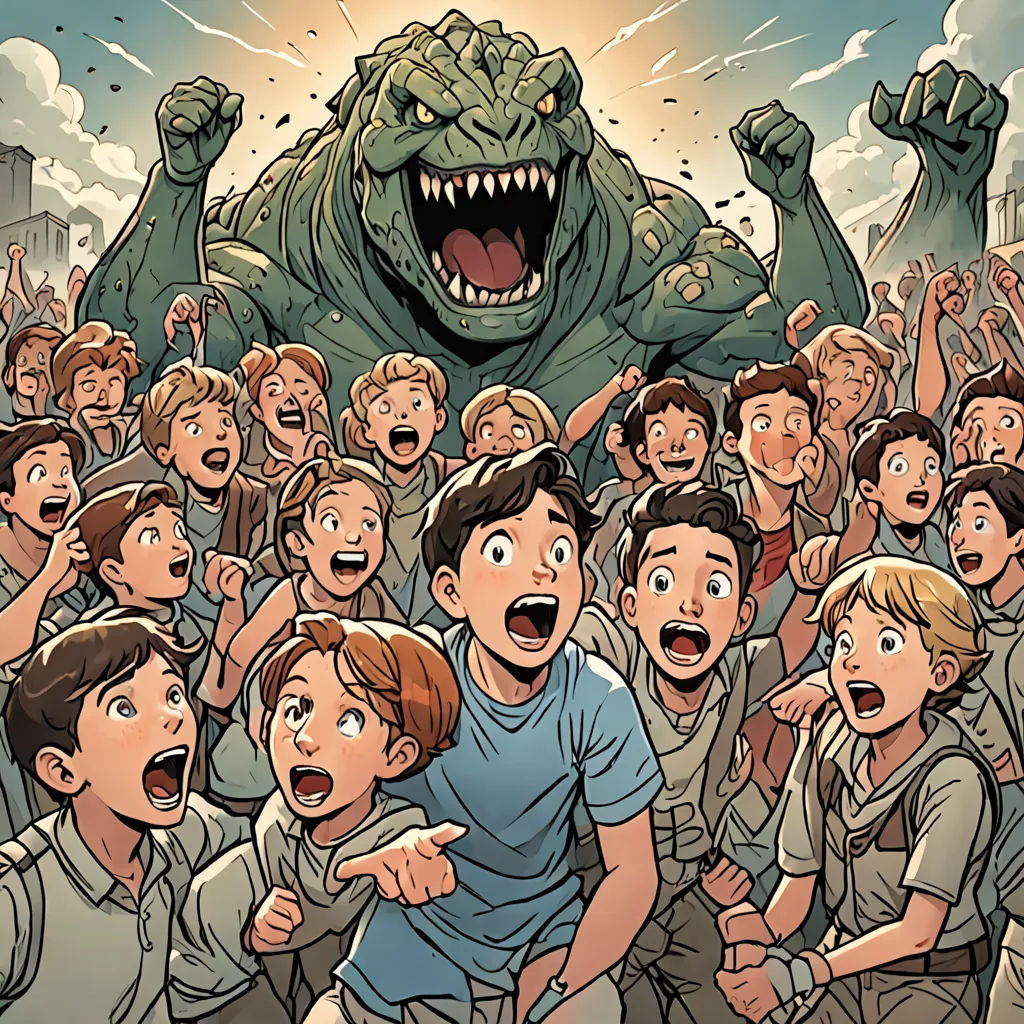 a crowd of people with a godzilla in the background and a man pointing at the crowd with his mouth open, shock art, a comic book panel, Asaf Hanuka, yukito kishiro