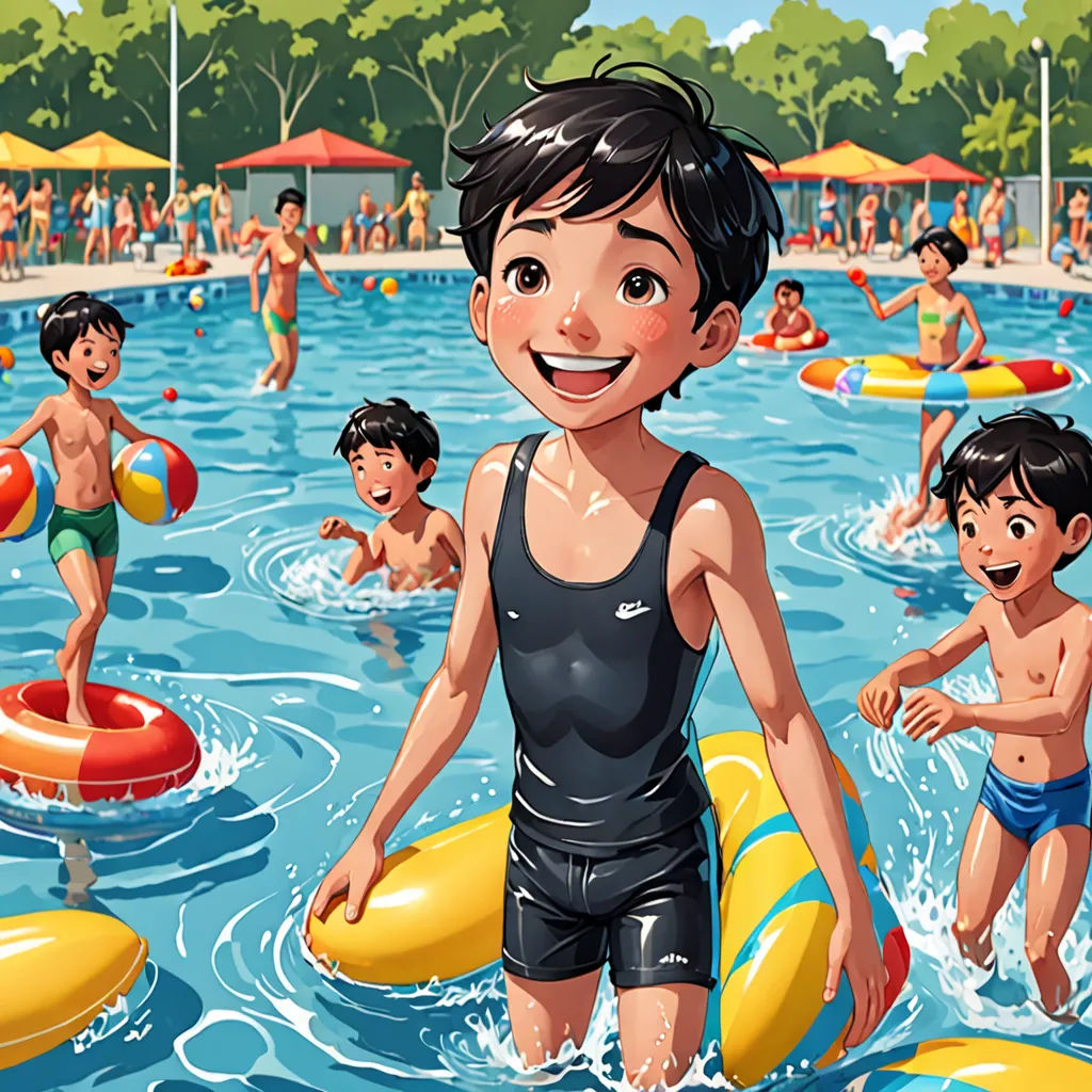 a boy in a swimming pool with a bunch of kids playing in the water and in the background are people, photorealism, a storybook illustration, Diego Gisbert Llorens, highly detailed digital painting