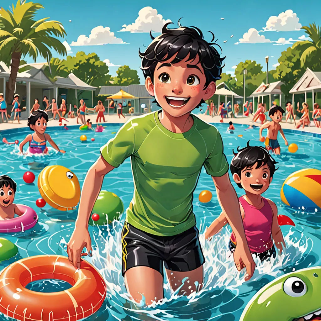a boy is playing in a pool with other children and inflatable toys in the water and a large pool with people, lyco art, a storybook illustration, Diego Gisbert Llorens, official art