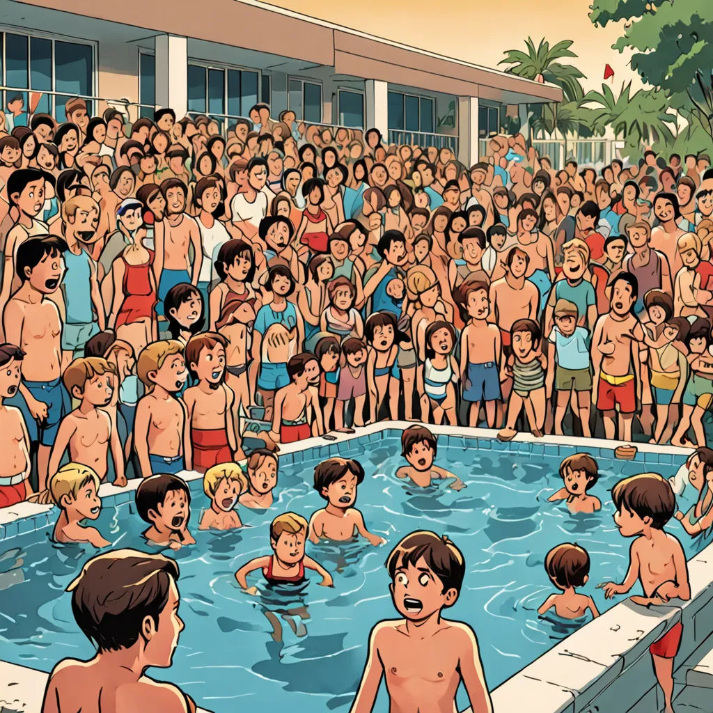 a crowd of people standing around a pool filled with water and people standing around it in bathing suits and trunks, serial art, a comic book panel, Diego Gisbert Llorens, detailed illustration