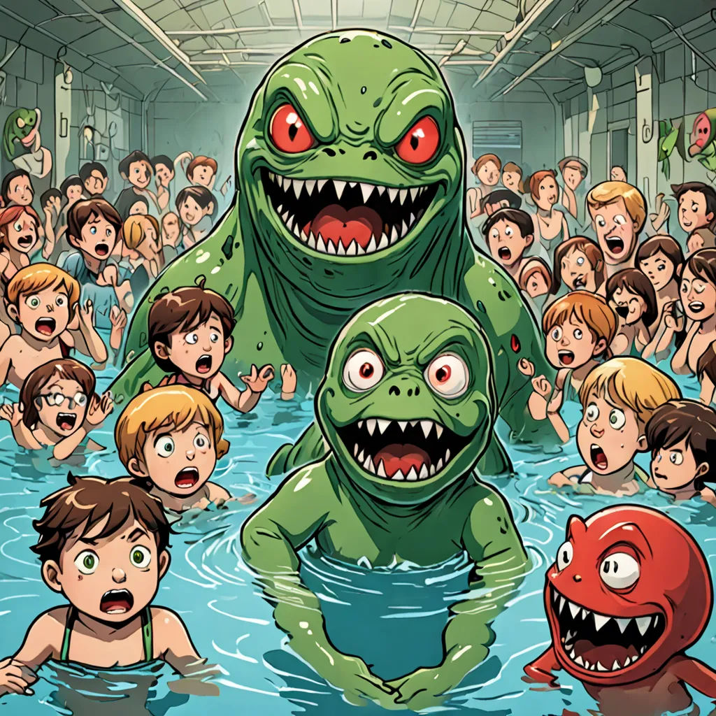 a group of children swimming in a pool with a monster in the middle of the pool and a monster in the middle of the pool, underground comix, a storybook illustration, Diego Gisbert Llorens, josan gonzales and dan mumford
